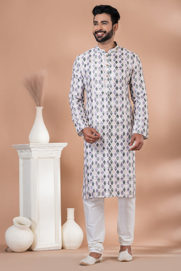 Angasudha Printed Diamond Pattern Cotton Kurta with White Pyjama