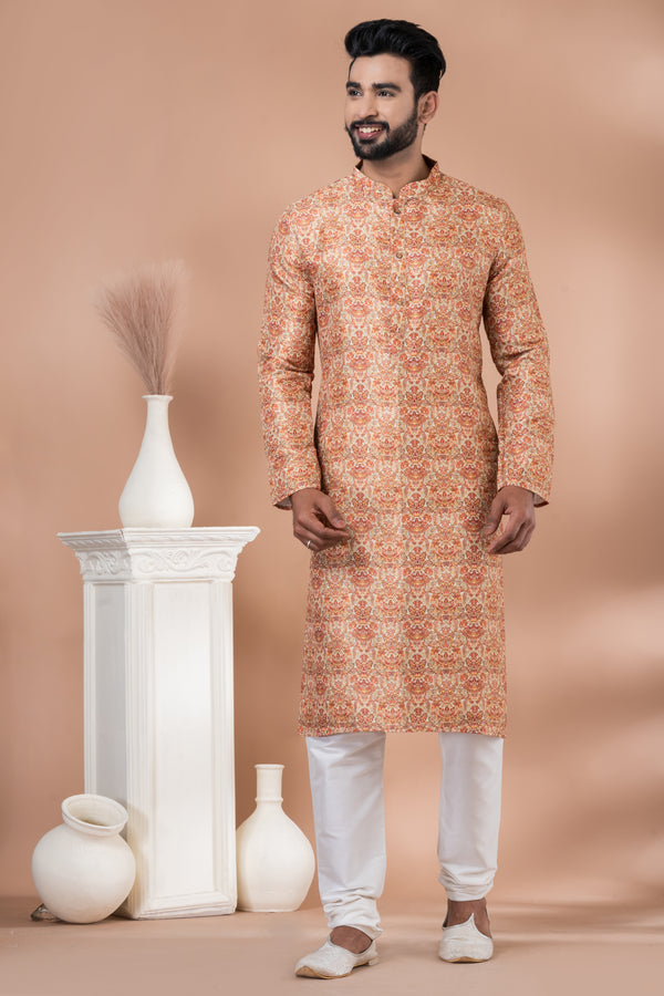 Angasudha Burnt Orange Floral Banarasi Silk Kurta Set