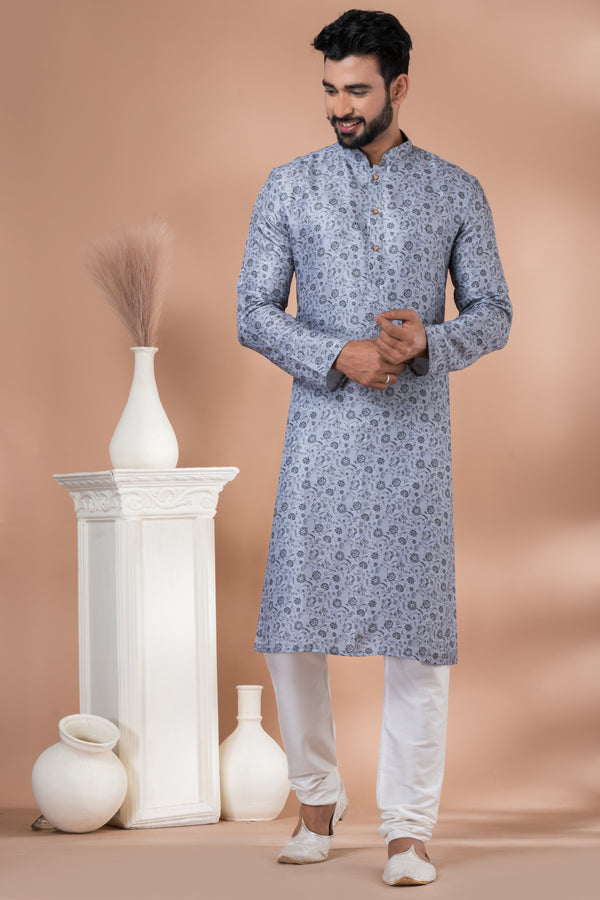 Angasudha Slate Blue Cotton Kurta Set with Digital Floral Print