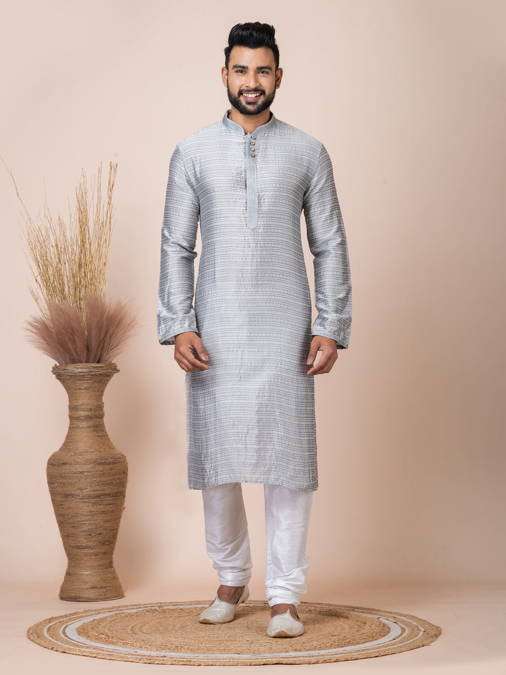 Angasudha Silver Grey Self-Textured Kurta with White Churidar