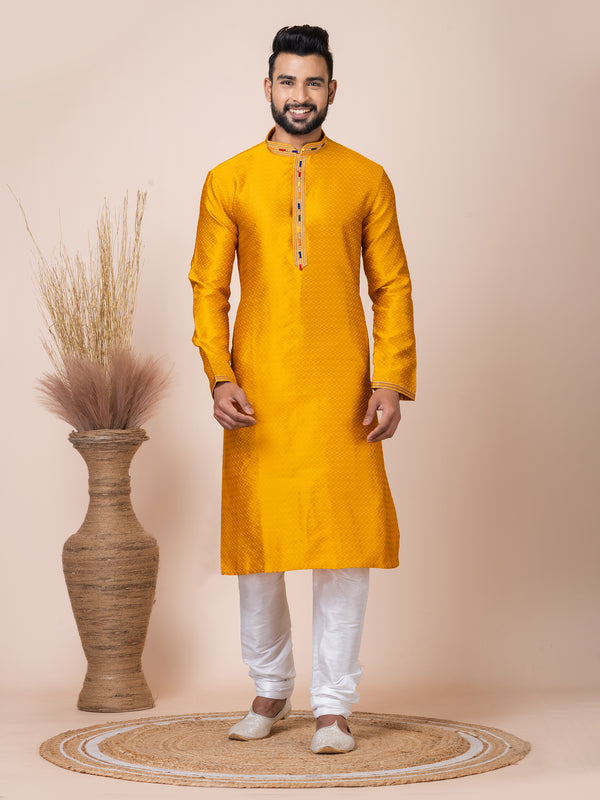 Angasudha Mustard Yellow Jacquard Kurta with White Churidar