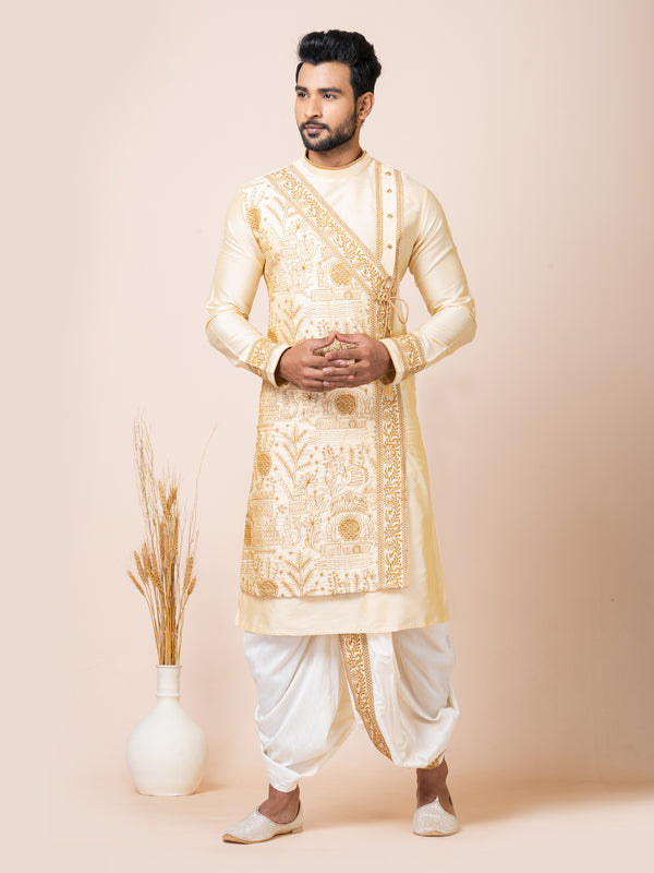 Angasudha Royal Cream Embroidered Kurta Dhoti Set