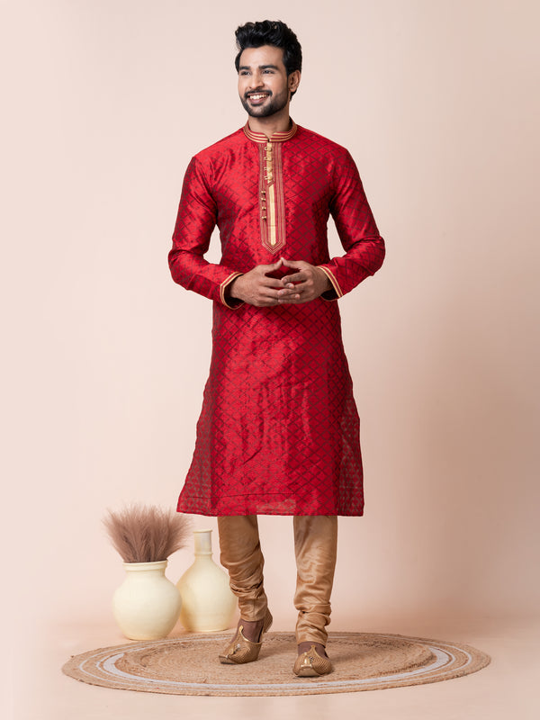 Angasudha Elegant Red Brocade Kurta with Golden Churidar Pajama