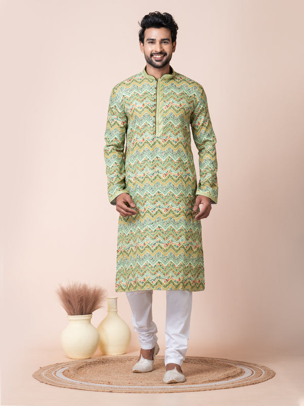 Angasudha Men's Green Multicolor Printed Cotton Kurta Set