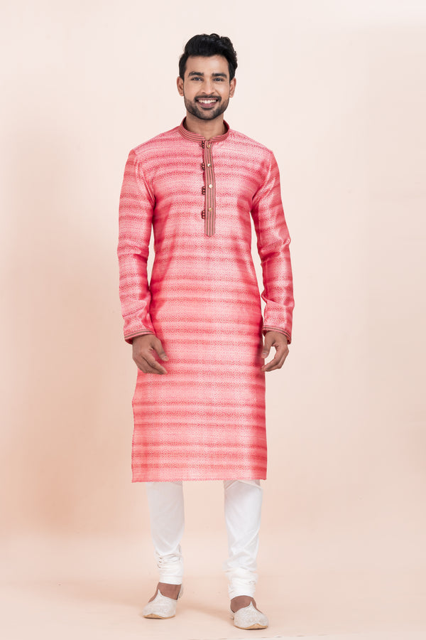 Angasudha Coral Shine Brocade Silk Kurta with White Pajama