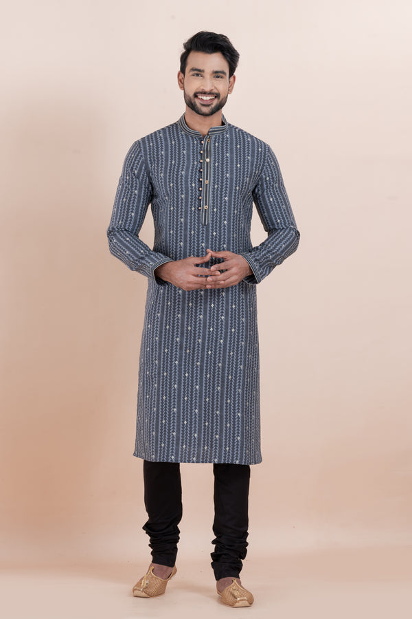 Angasudha Charcoal Grey Jacquard Silk Kurta Pyjama Set