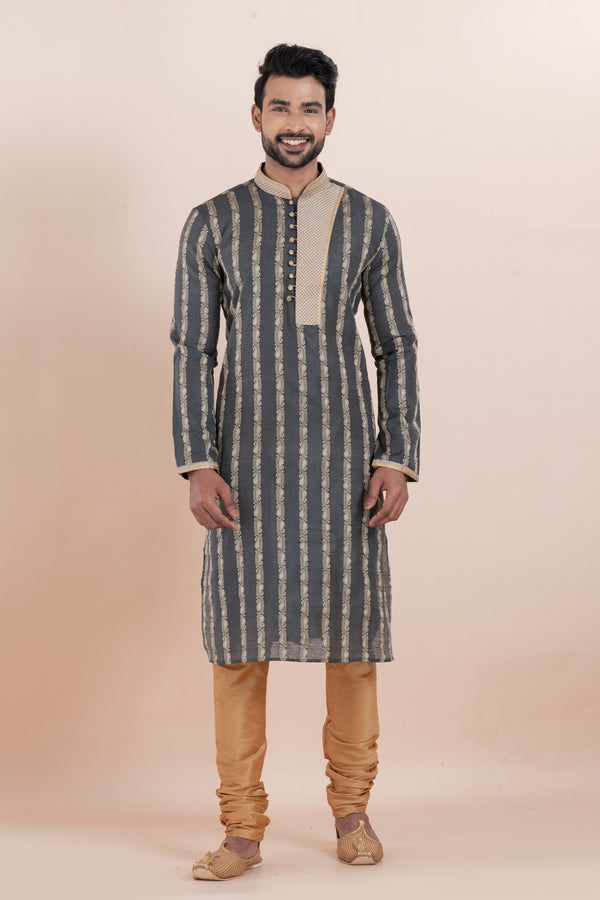 Angasudha Charcoal Elegance Jacquard Kurta Pyjama Set