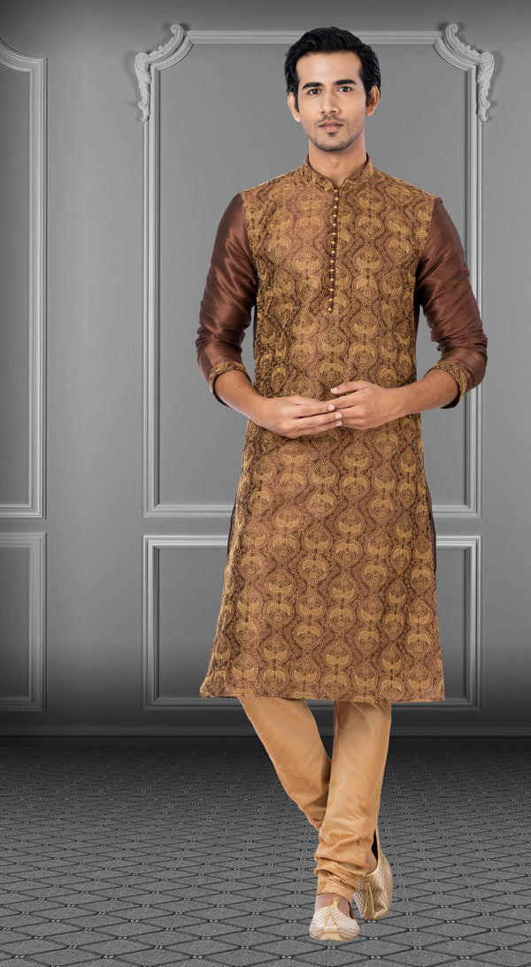 Angasudha Rich Brown Embroidered Dhupion Kurta with Dupion Silk Pyjama