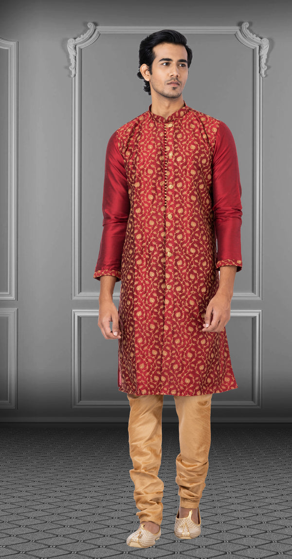 Angasudha Maroon Gold Embroidered Silk Kurta Pyjama Set
