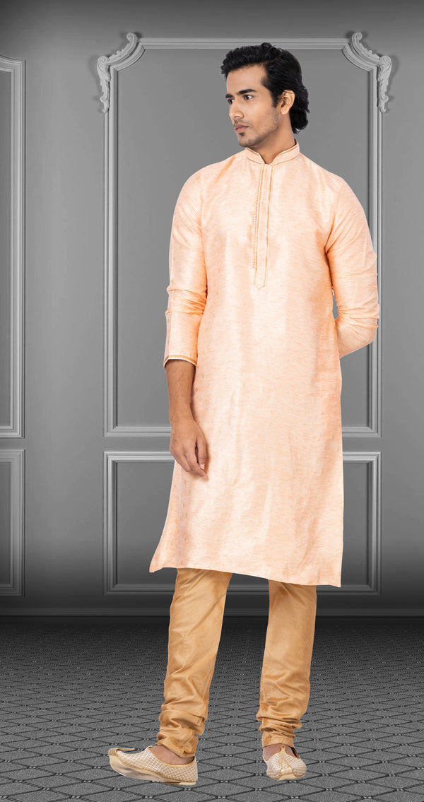 Angasudha Light Peach Self-Textured Silk Kurta Pyjama Set