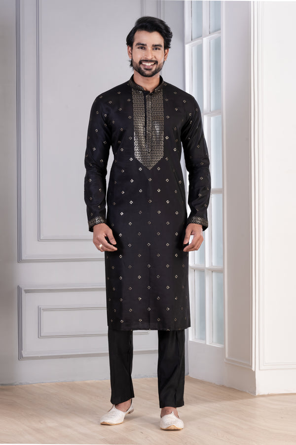 Angasudha Glame Cotton Black Kurta Pyjama Set