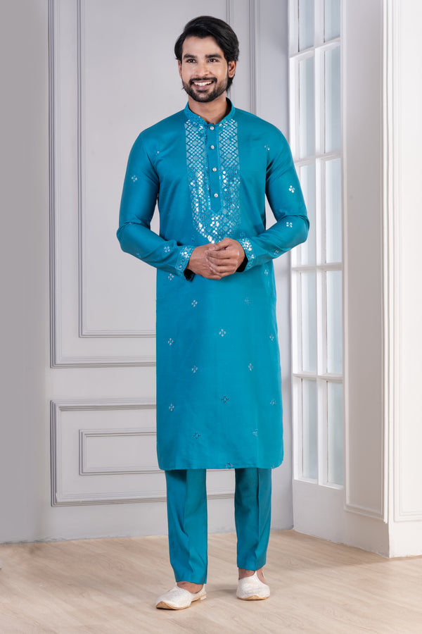Angasudha Glame Cotton Turquoise Blue Kurta Pyjama Set