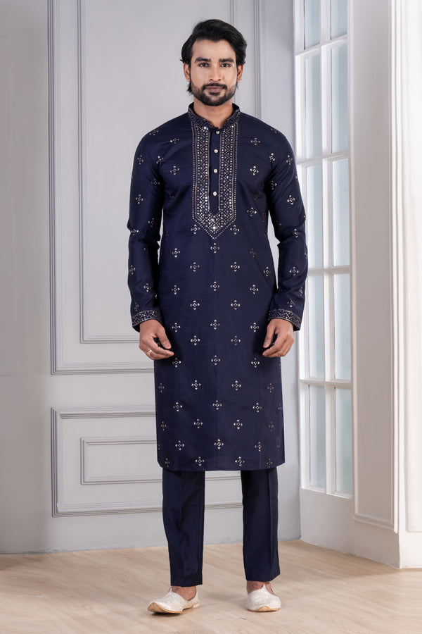 Angasudha Glame Cotton Navy Blue Kurta Pyjama Set