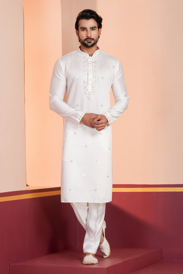 Angasudha Glame Cotton Off White Kurta Pyjama Set