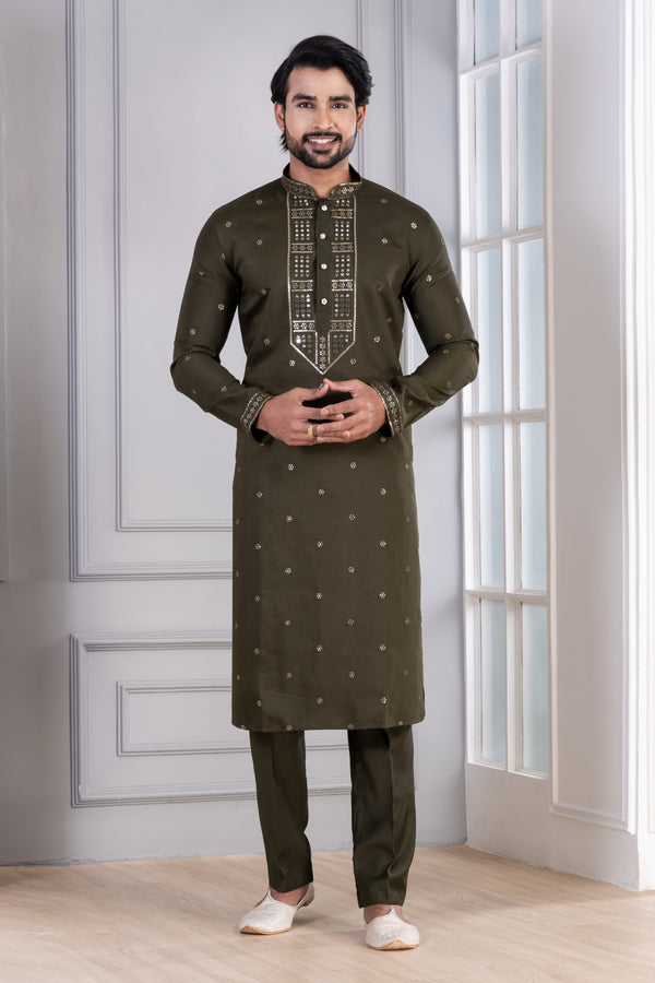 Angasudha Glame Cotton Olive Green Kurta Pyjama Set