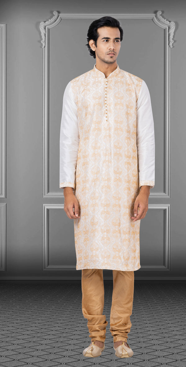 Angasudha Cream Embroidered Silk Kurta Pyjama Set