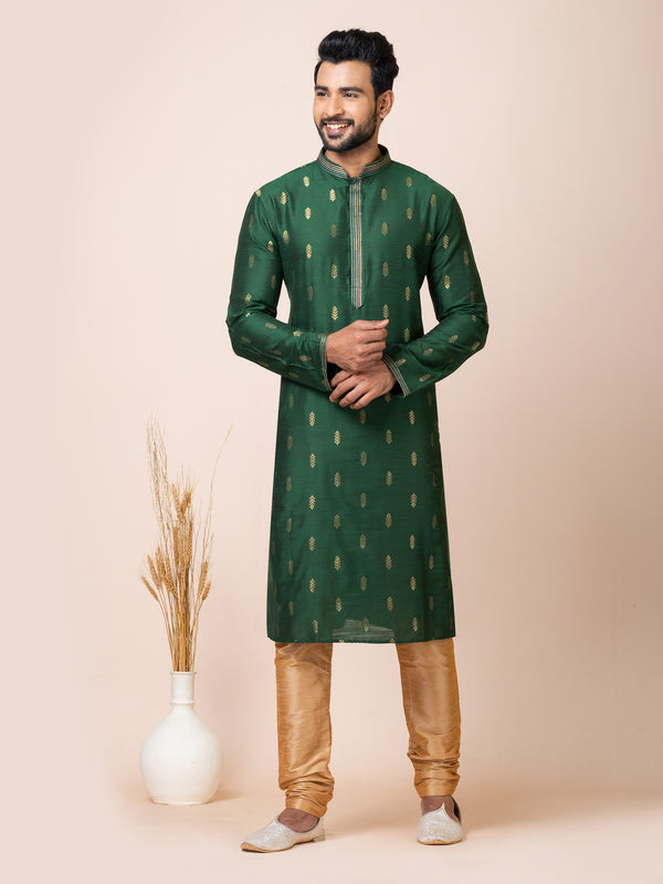 Angasudha Elegant Green Silk Kurta with Golden Churidar