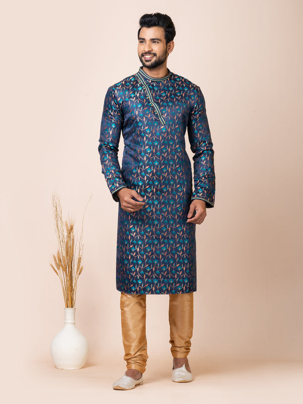 Angasudha Designer Navy Blue Silk Kurta with Diagonal Placket & Leaf Motifs