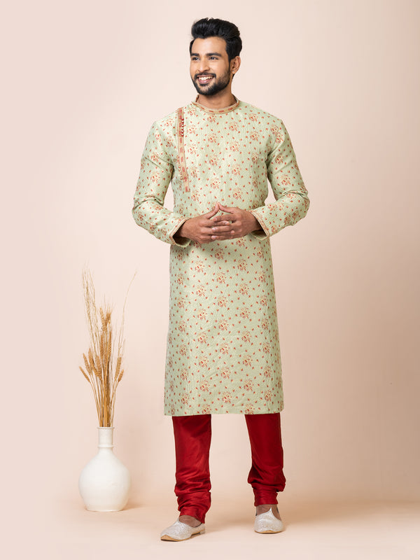 Angasudha Pastel Green Floral Silk Kurta with Asymmetric Placket & Maroon Churidar