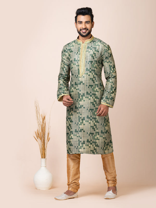 Angasudha Moss Green Digital Print Kurta with Golden Churidar