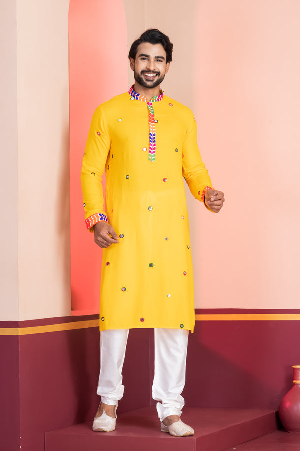 Angasudha Navratri Special Yellow Mirror Work Kurta Pyjama Set
