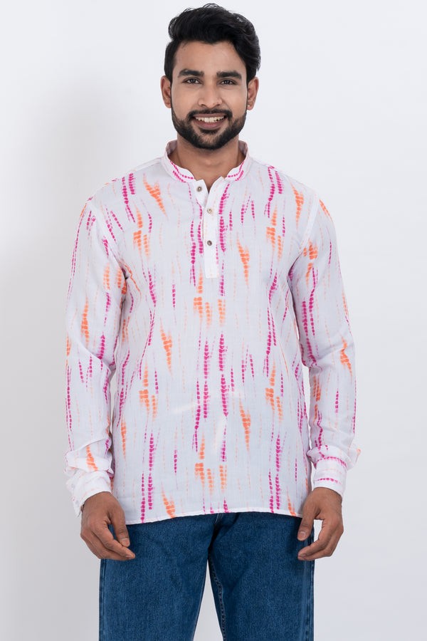 Angasudha Men’s White Ikat-Inspired Cotton Kurta with Pink & Orange Stripes