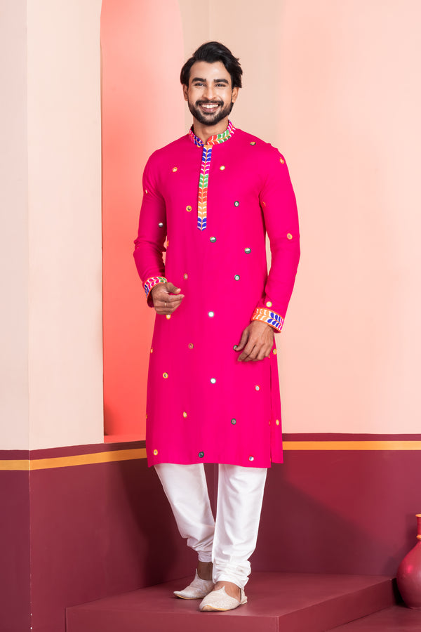 Angasudha Navratri Special Rani Pink Mirror Work Kurta Pyjama Set