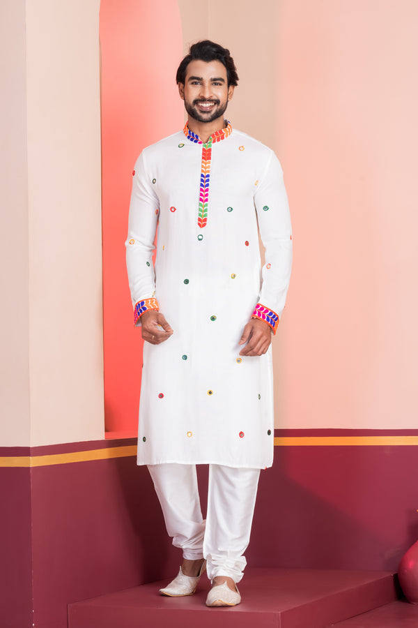 Angasudha Navratri Special White Mirror Work Kurta Pyjama Set