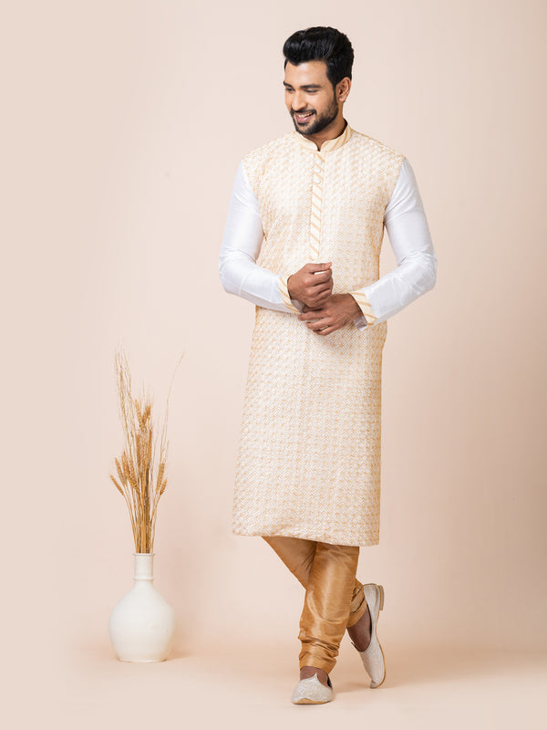 Angasudha Cream Textured Nehru Jacket Kurta Set with Golden Churidar