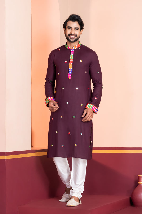 Angasudha Navratri Special Wine Mirror Work Kurta Pyjama Set