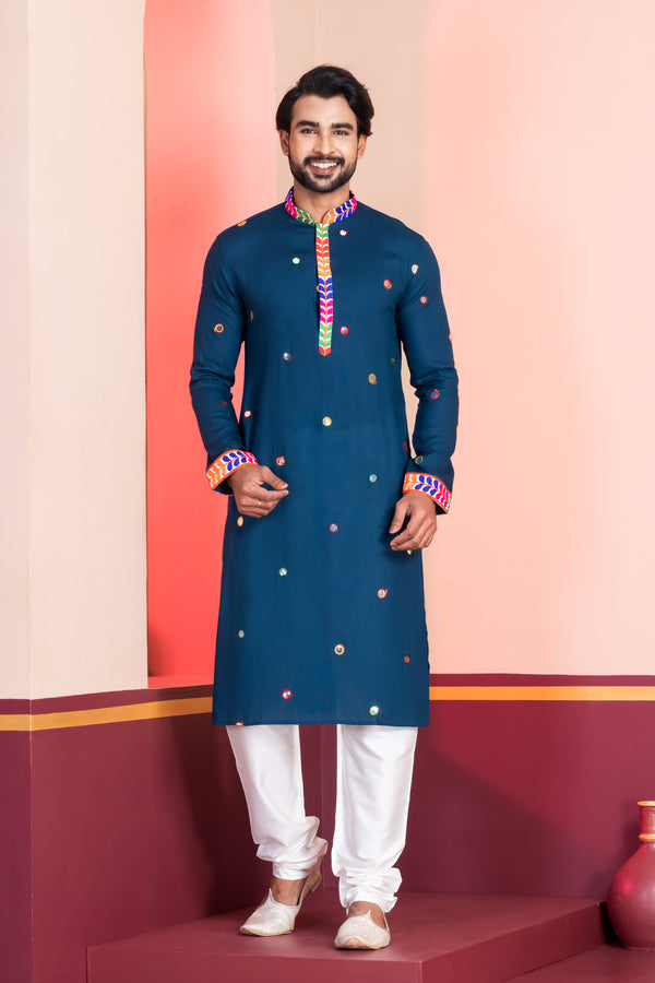 Angasudha Navratri Special Blue Mirror Work Kurta Pyjama Set