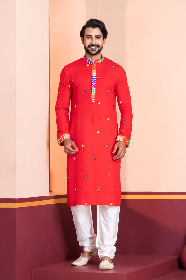 Angasudha Navratri Special Red Mirror Work Kurta Pyjama Set