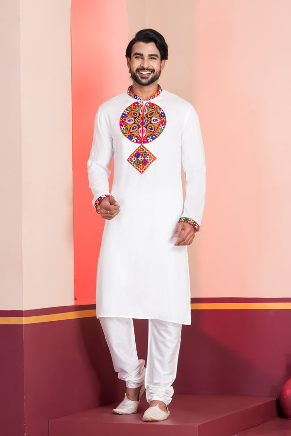Angasudha Navratri Special White Motif Embroidery Kurta Pyjama Set