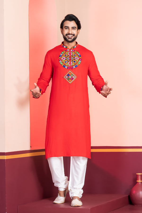 Angasudha Navratri Special Red Motif Embroidery Kurta Pyjama Set