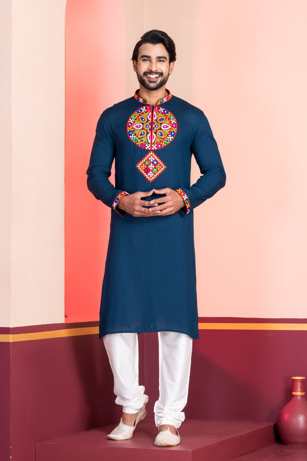 Angasudha Navratri Special Navy Blue Motif Embroidery Kurta Pyjama Set