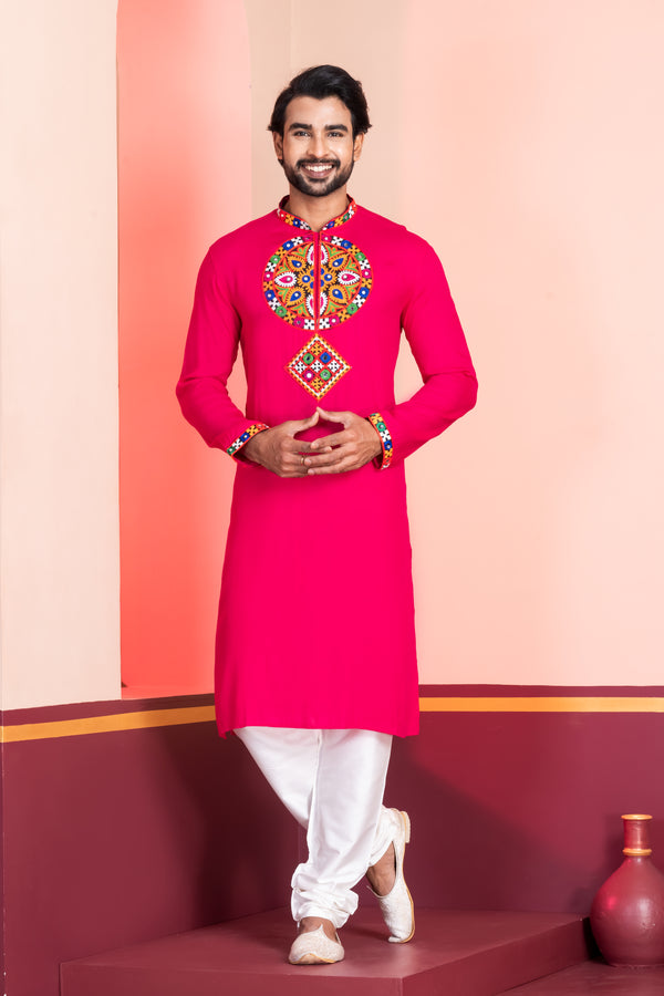 Angasudha Navratri Special Rani Pink Motif Embroidery Kurta Pyjama Set