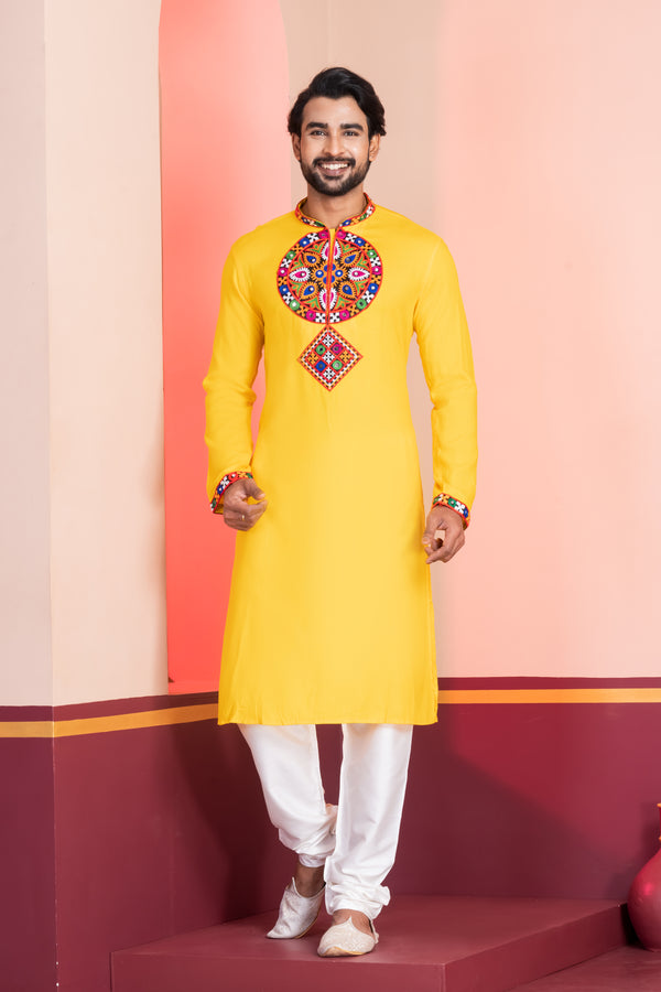 Angasudha Navratri Special Yellow Motif Embroidery Kurta Pyjama Set