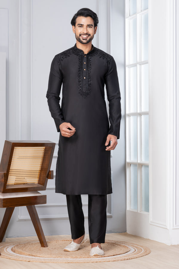 Angasudha Royal Black Glam Cotton Kurta Pyjama