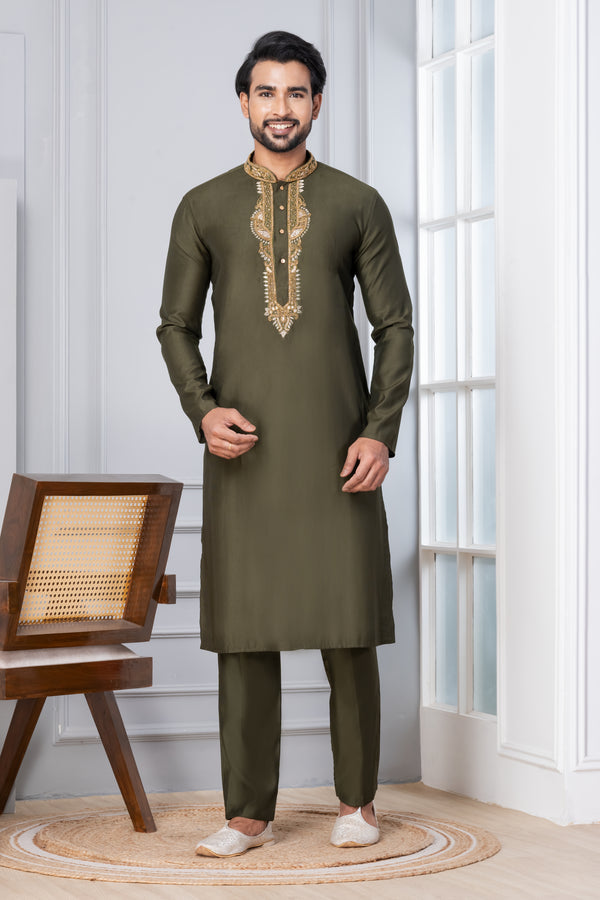 Angasudha Olive Green Glam Cotton Kurta Pyjama