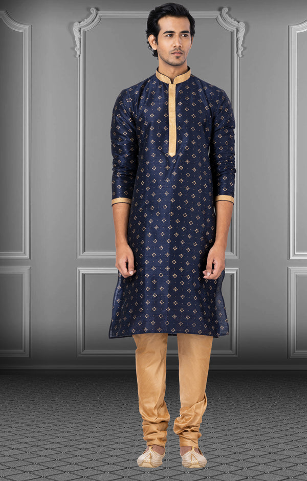 Angasudha Navy Blue Printed Dupion Kurta Set with Dupion Silk Pyjama