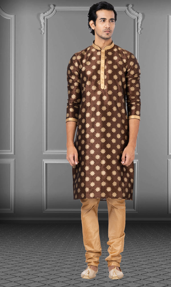 Angasudha Rich Brown Printed Dupion Kurta Set with Dupion Silk Pyjama