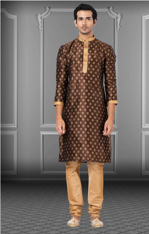 Angasudha Chocolate Brown Geometric Printed Dupion Kurta Set with Dupion Silk Pyjama