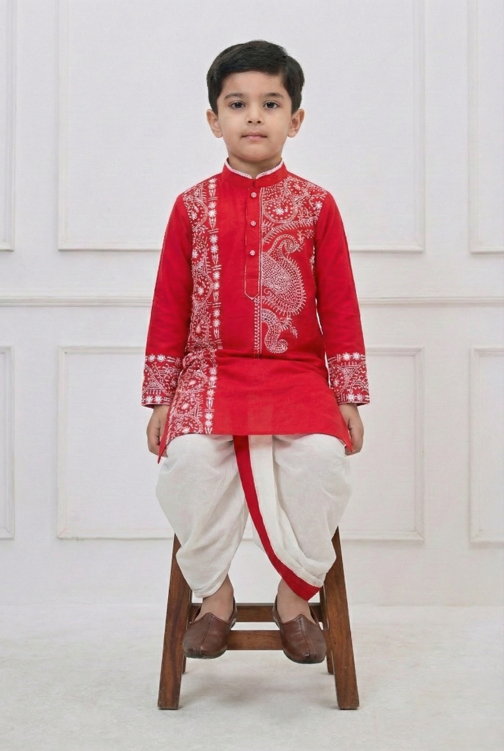 Angasudha Royal Red Embroidered Boy’s Dhoti Kurta Set – Angasudha.com