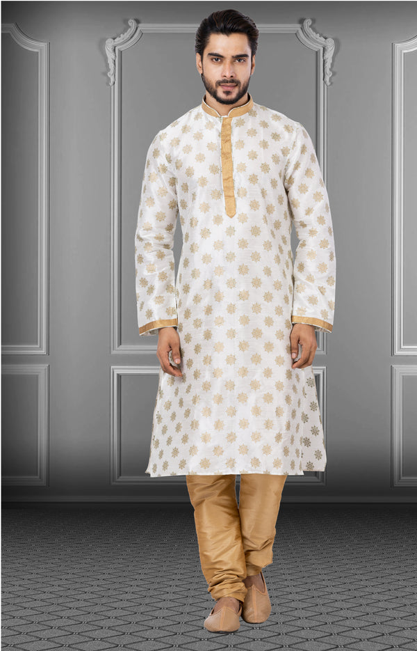 Angasudha Classic White Dupion Kurta Set with Gold Print and Dupion Silk Pyjama