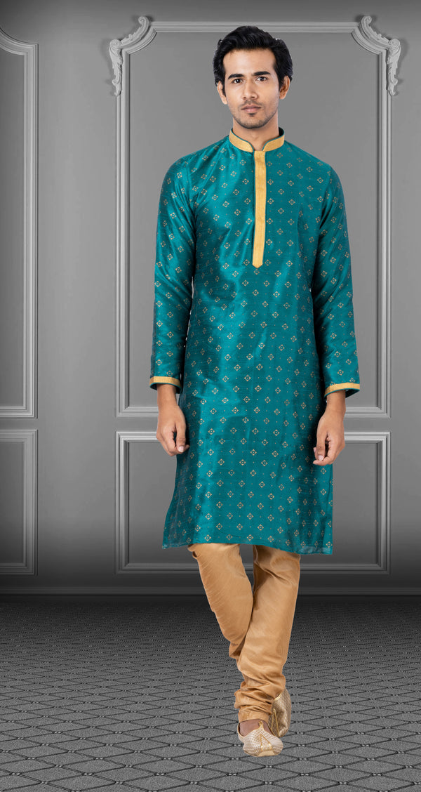 Angasudha Teal Green Geometric Printed Dupion Kurta Set with Dupion Silk Pyjama