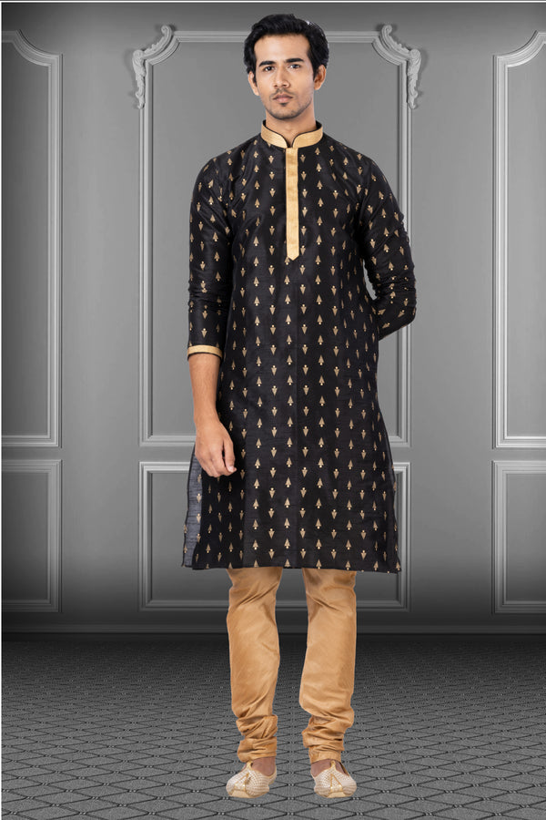 Angasudha Jet Black Triangle Motif Dupion Kurta Set with Dupion Silk Pyjama