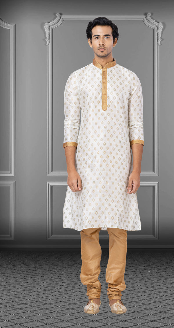Angasudha Elegant Off-White Geometric Print Dupion Kurta Set with Dupion Silk Pyjama
