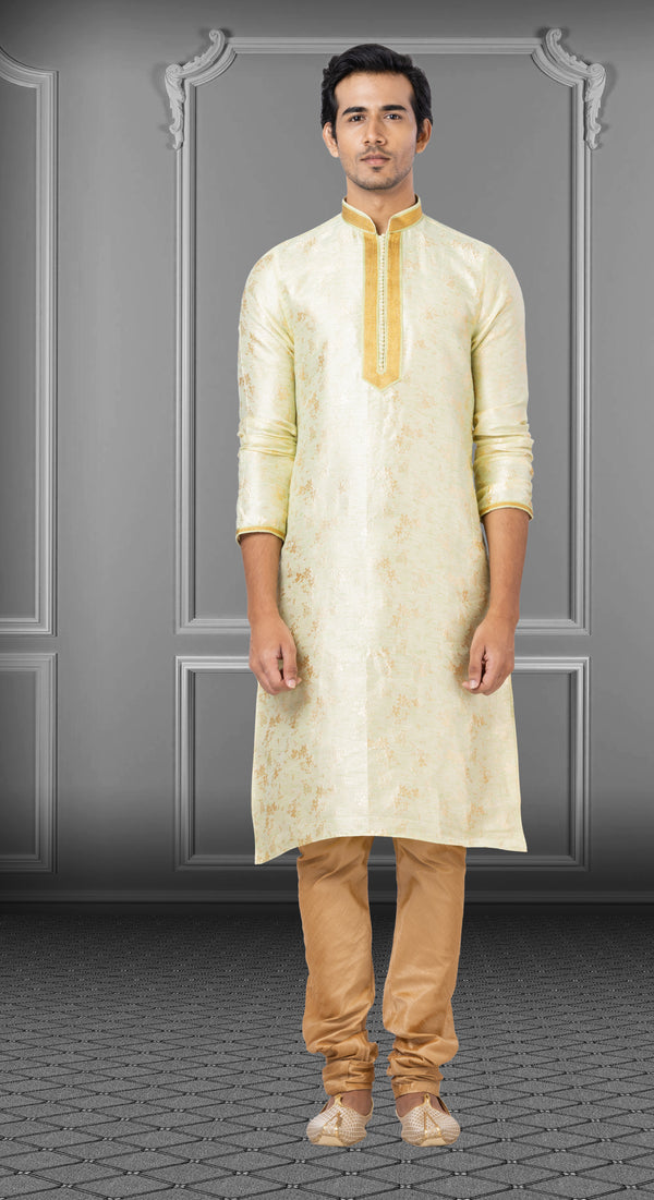 Angasudha Pastel Yellow Linen Silk Kurta Set with Dupion Silk Pyjama
