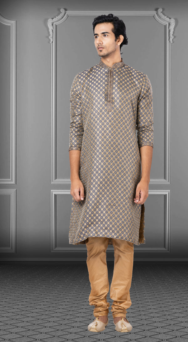 Angasudha Navy & Gold Brocade Kurta with Golden Dupion Silk Pyjama