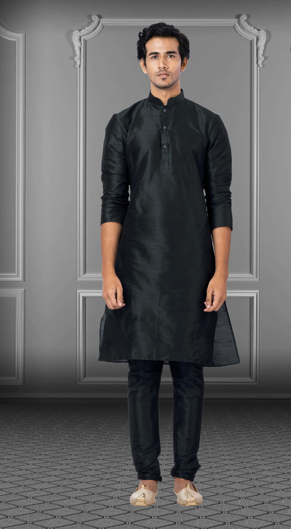 Angasudha Jet Black Dupion Silk Kurta Pyjama Set